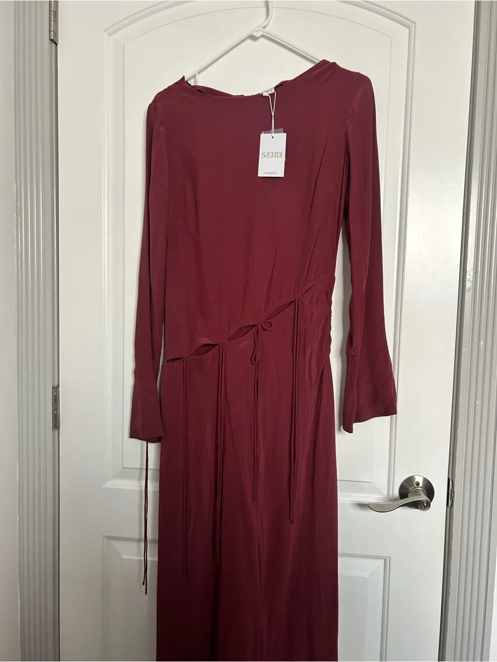 SAEMDI Long Sleeve Asymmetrical Bow Maxi Dress Size M NWT chic feminine 90s